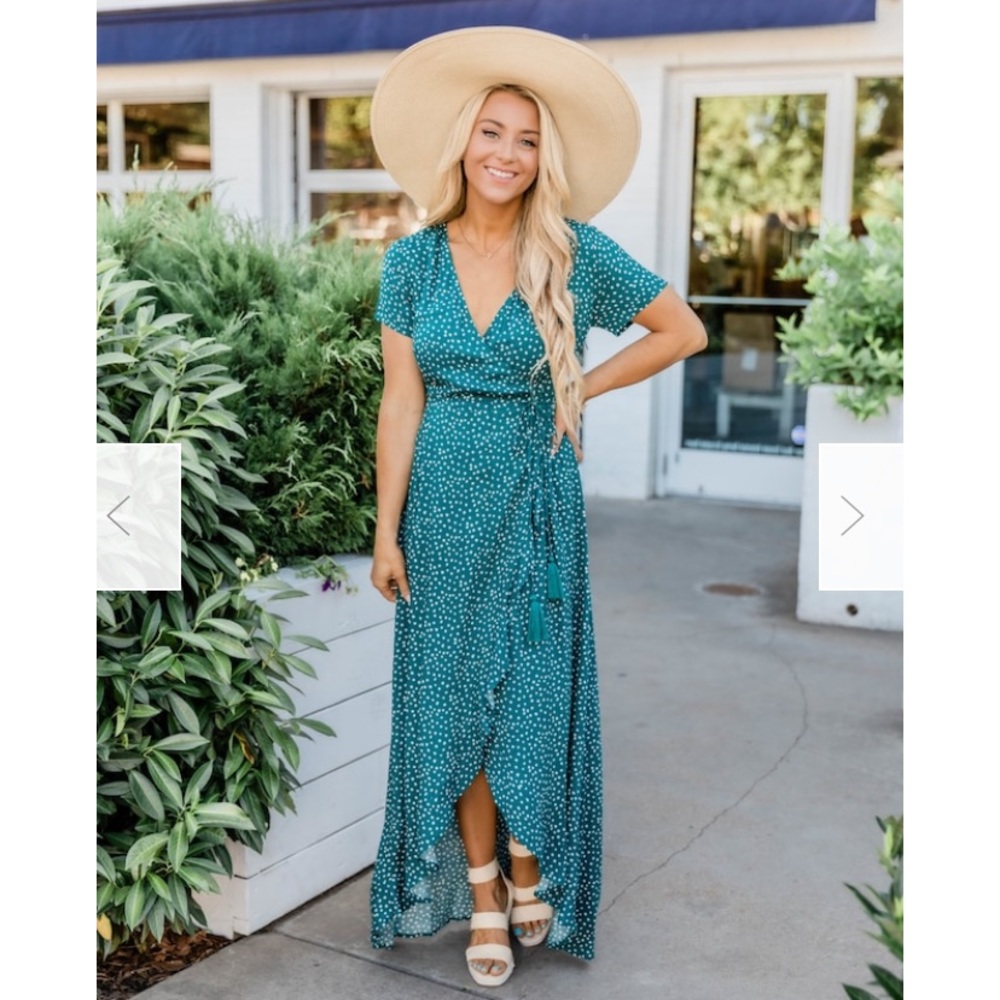 Pink Lily Teal Polka Dot Maxi Dress